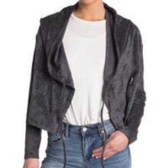 Blank NYC Faux Suede Grey Drawstring Hooded Jacket Size Small Zipper Pockets - Picture 2 of 9